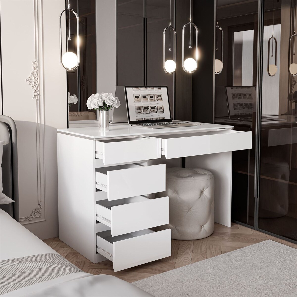 Biurko AURORA SILVER z szufladami biay połysk