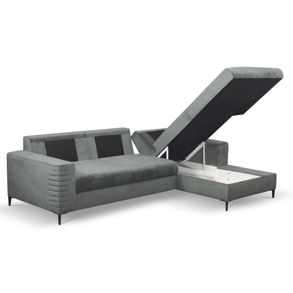 Narożnik rozkładany z zagłówkiem i pojemnikiem OLI, prawostronny, szary