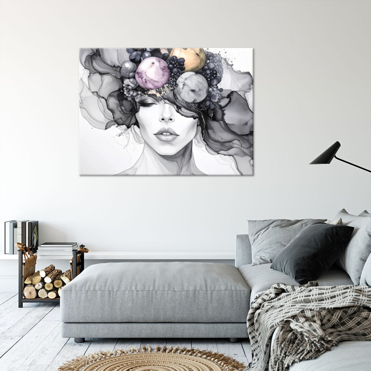 Obraz czarno biały do salonu kuchni, Kobieta z owocami na głowie 60x40