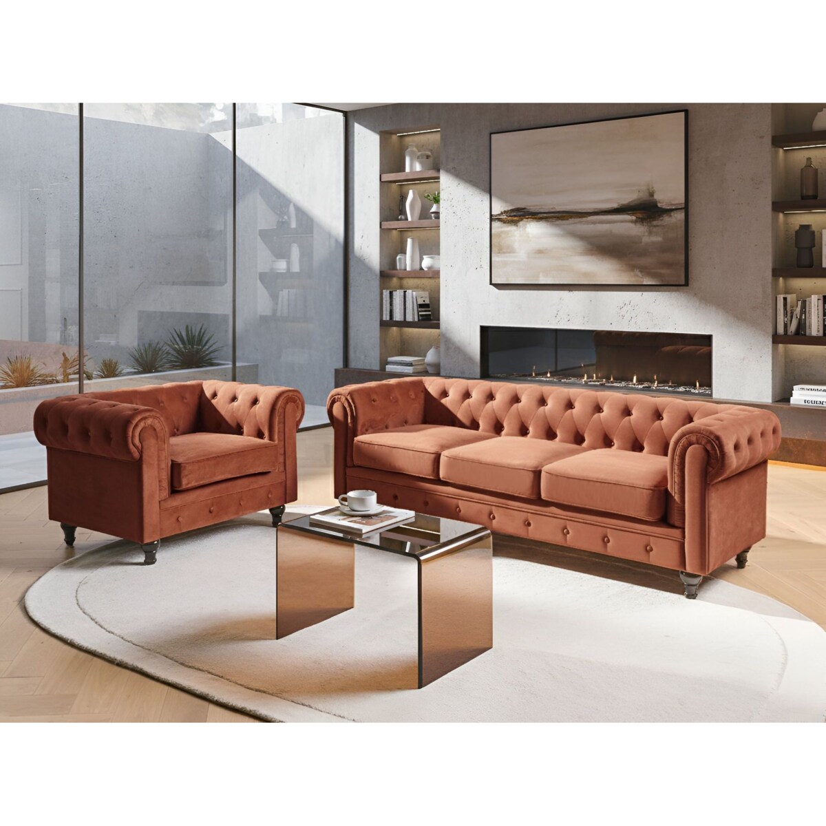 Komplet wypoczynkowy dla 4 osób CHESTERFIELD Welur Złoty brąz