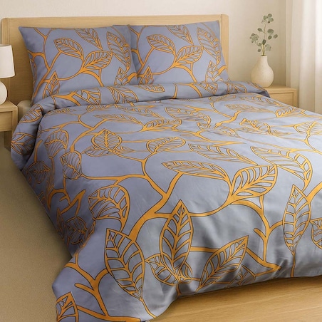 Pościel satyna bawełniana 220x200 Folina pomarańczowe liście na szarym tle, Satynlove