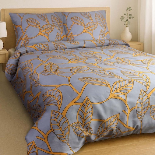 Pościel satyna bawełniana 220x200 Folina pomarańczowe liście na szarym tle, Satynlove