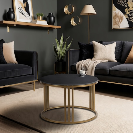 Stolik Kawowy Okrągły Ława Mały Złoty Glamour Marmur Czarny KORIN