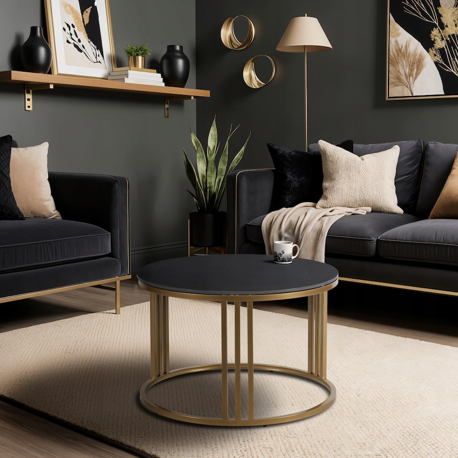 Stolik Kawowy Okrągły Ława Mały Złoty Glamour Marmur Czarny KORIN