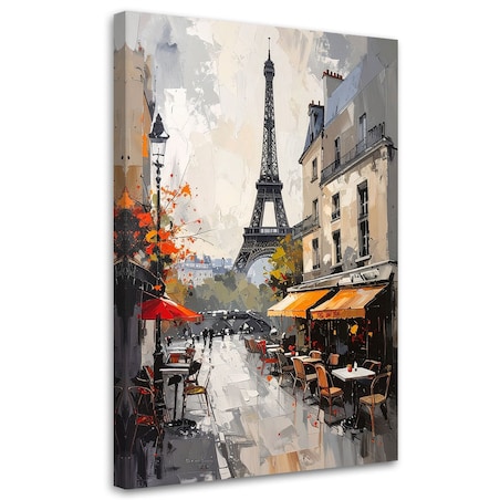 Obraz do salonu restauracji jadalni biura hotelu,Paryskie kawiarenki z widokiem na wieżę Eiffla 30x45 cm