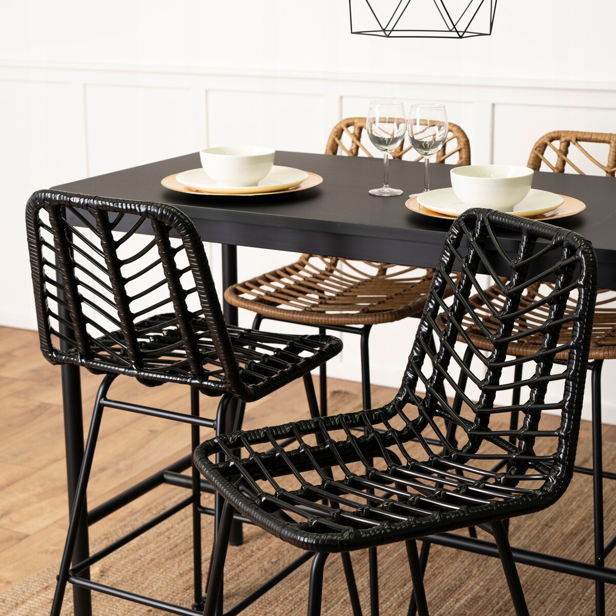 Hoker Krzesło Barowe Kuchenne Do Jadalni Ogrodowe Taras Rattan Czarne Jerry