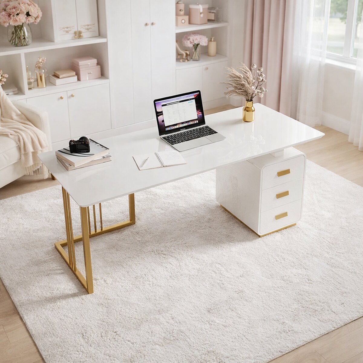 Białe złote biurko ze stali nierdzewnej Avenis Premium 140x70x75