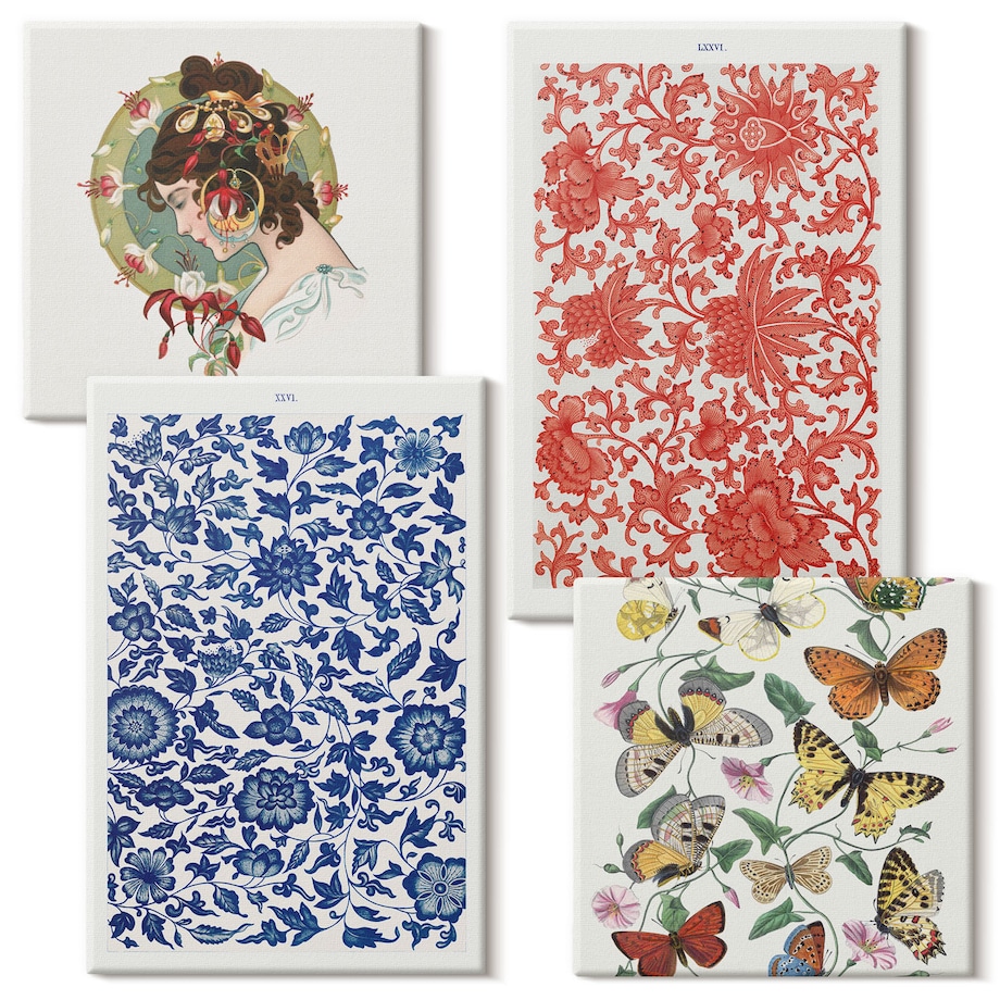 Zestaw 4 obrazów na płótnie - Vintage kwiaty motyle ornamenty - wielokolorowy