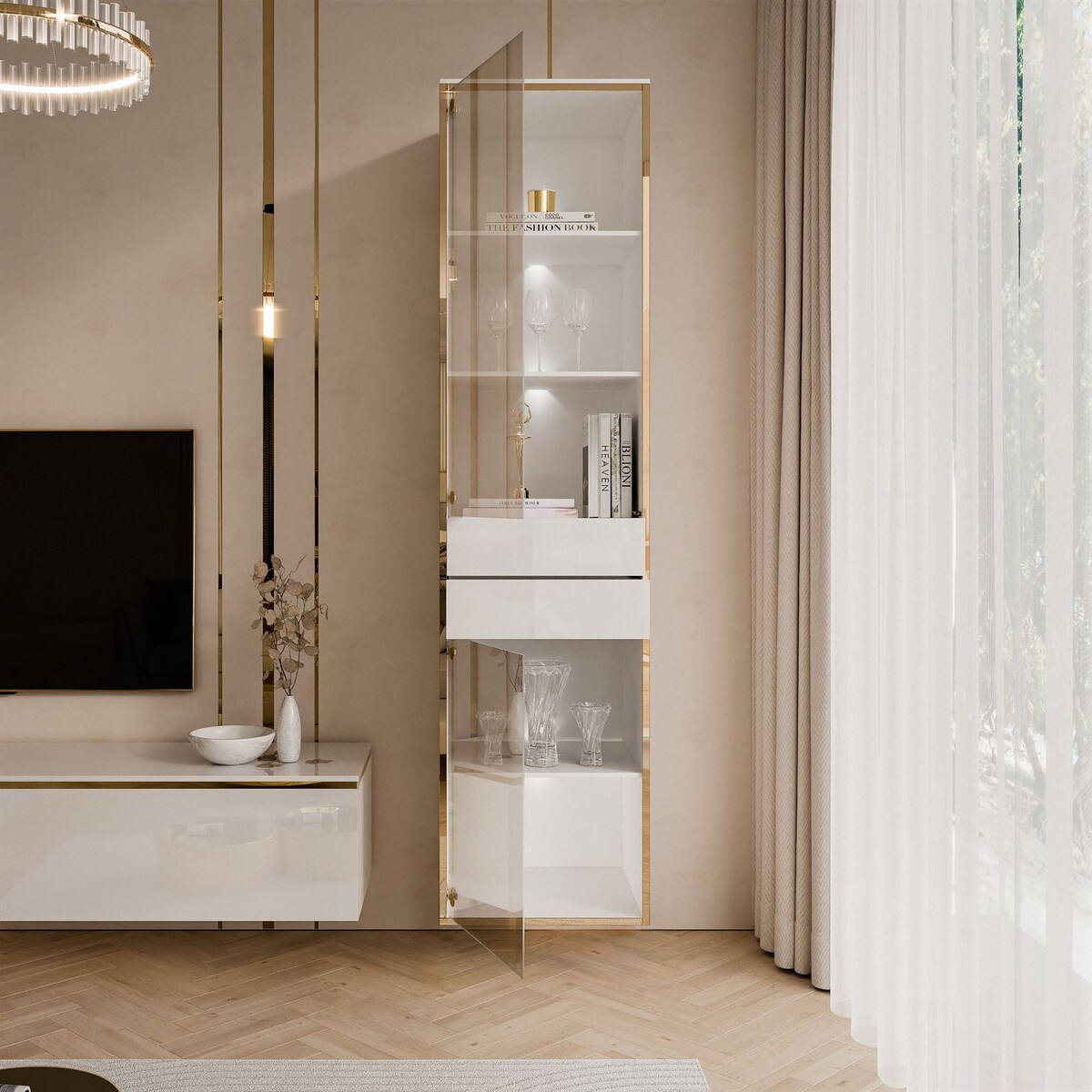 Witryna AURORA z oświetleniem LED biały połysk wisząca