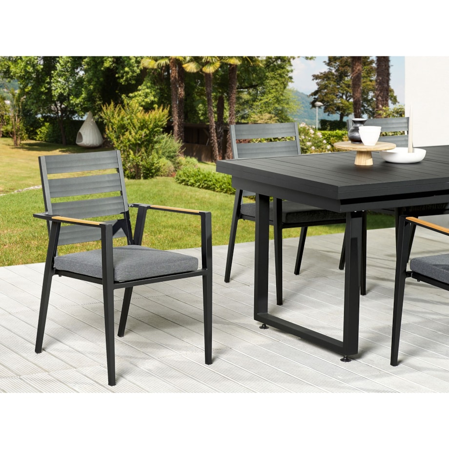 Zestaw ogrodowy stół rozkładany i 8 krzeseł czarny z poduszkami szarymi VALCANETTO/TAVIANO