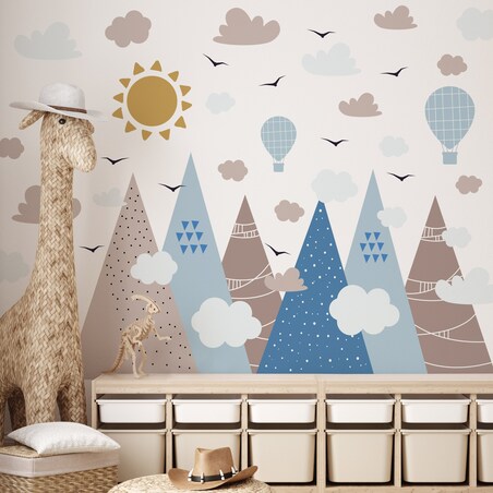 NAKLEJKI NA ŚCIANĘ DLA DZIECI GÓRY STYL BOHO BALONY PTAKI CHMURY ZESTAW