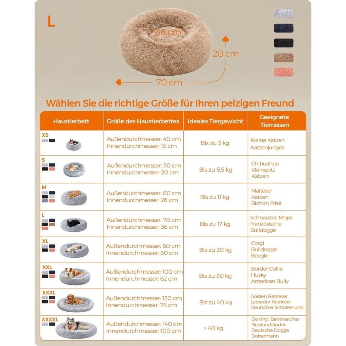 Zmywalne legowisko dla psa w kształcie pączka z miękkim pluszem, Camelowy brąz, Dł. 70 x szer. 70 x wys. 20 cm
