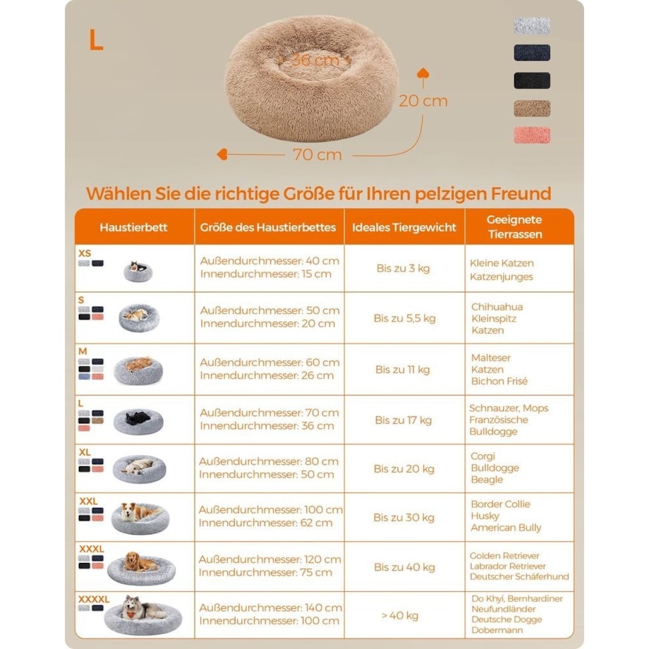 Zmywalne legowisko dla psa w kształcie pączka z miękkim pluszem, Camelowy brąz, Dł. 70 x szer. 70 x wys. 20 cm