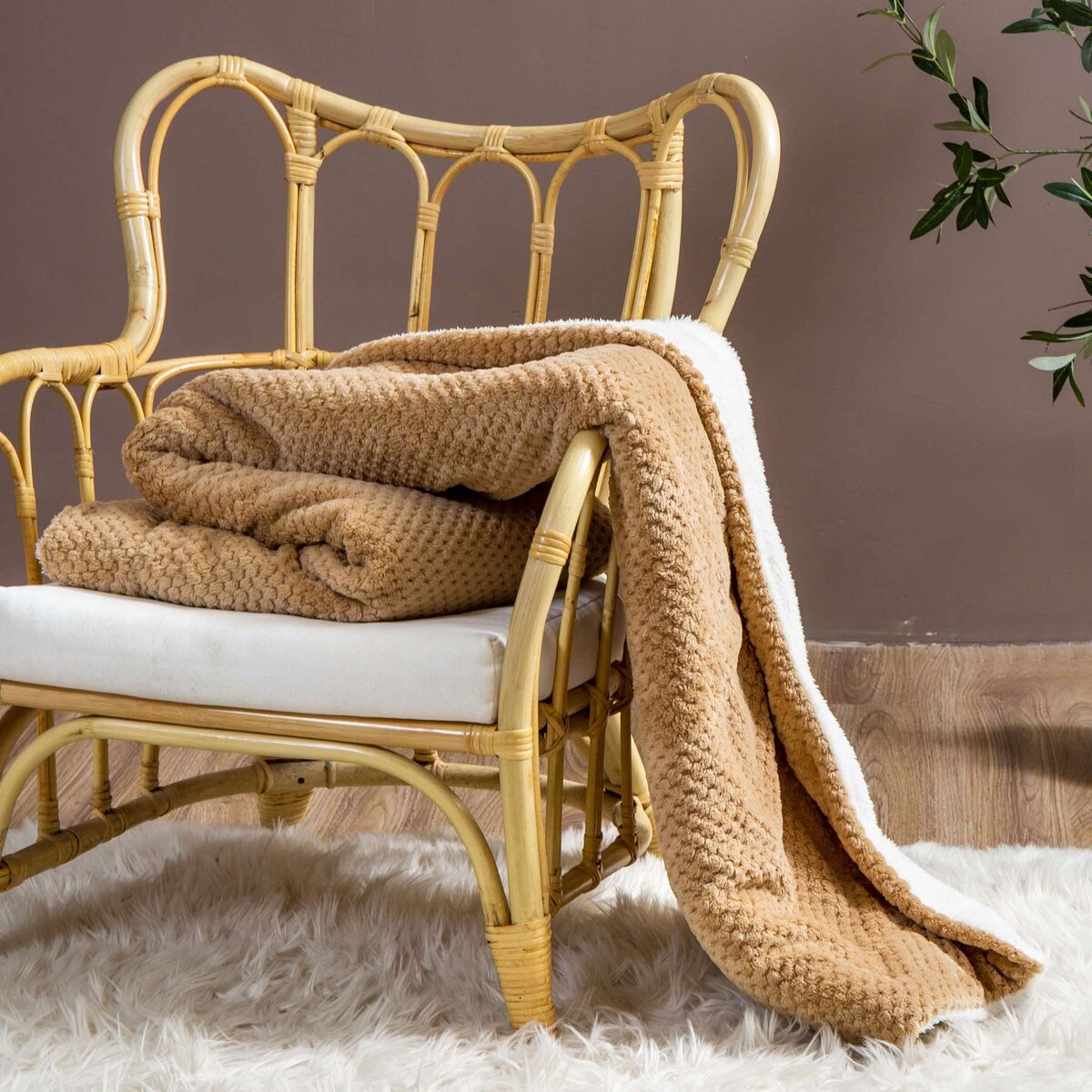 Beżowy Koc Narzuta z Mikrofibry Baranek 150x200 Sherpa