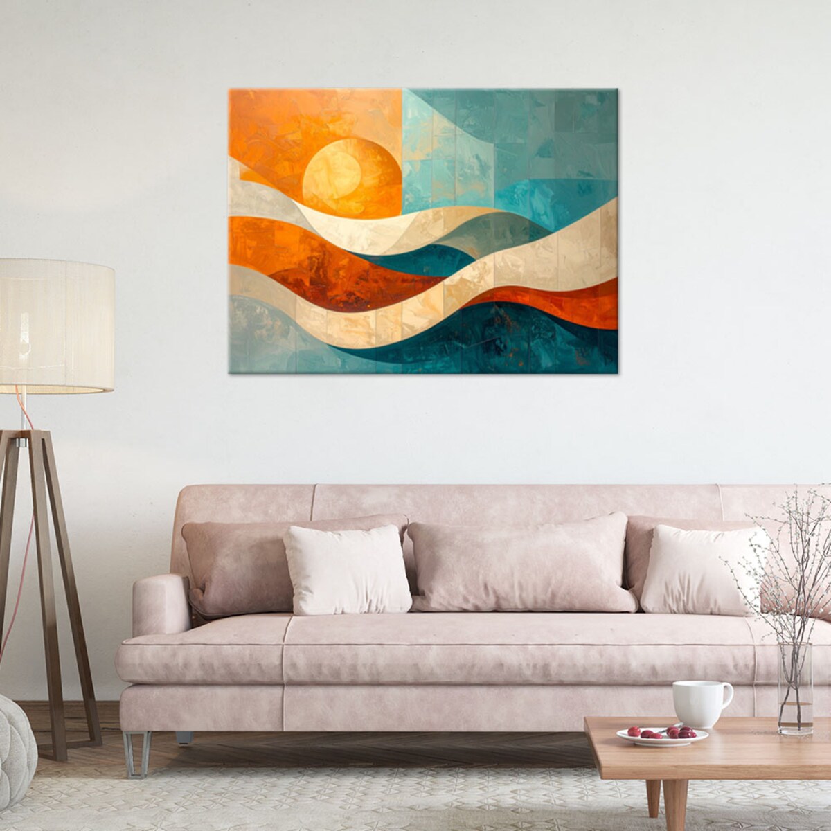 Obraz do salonu sypialni biura, Fale abstrakcja turkusowy i pomarańczowy