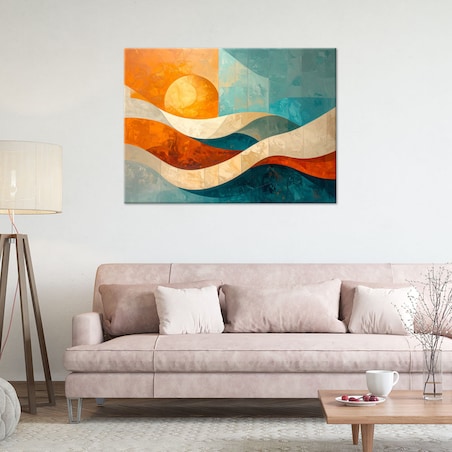 Obraz do salonu sypialni biura, Fale abstrakcja turkusowy i pomarańczowy