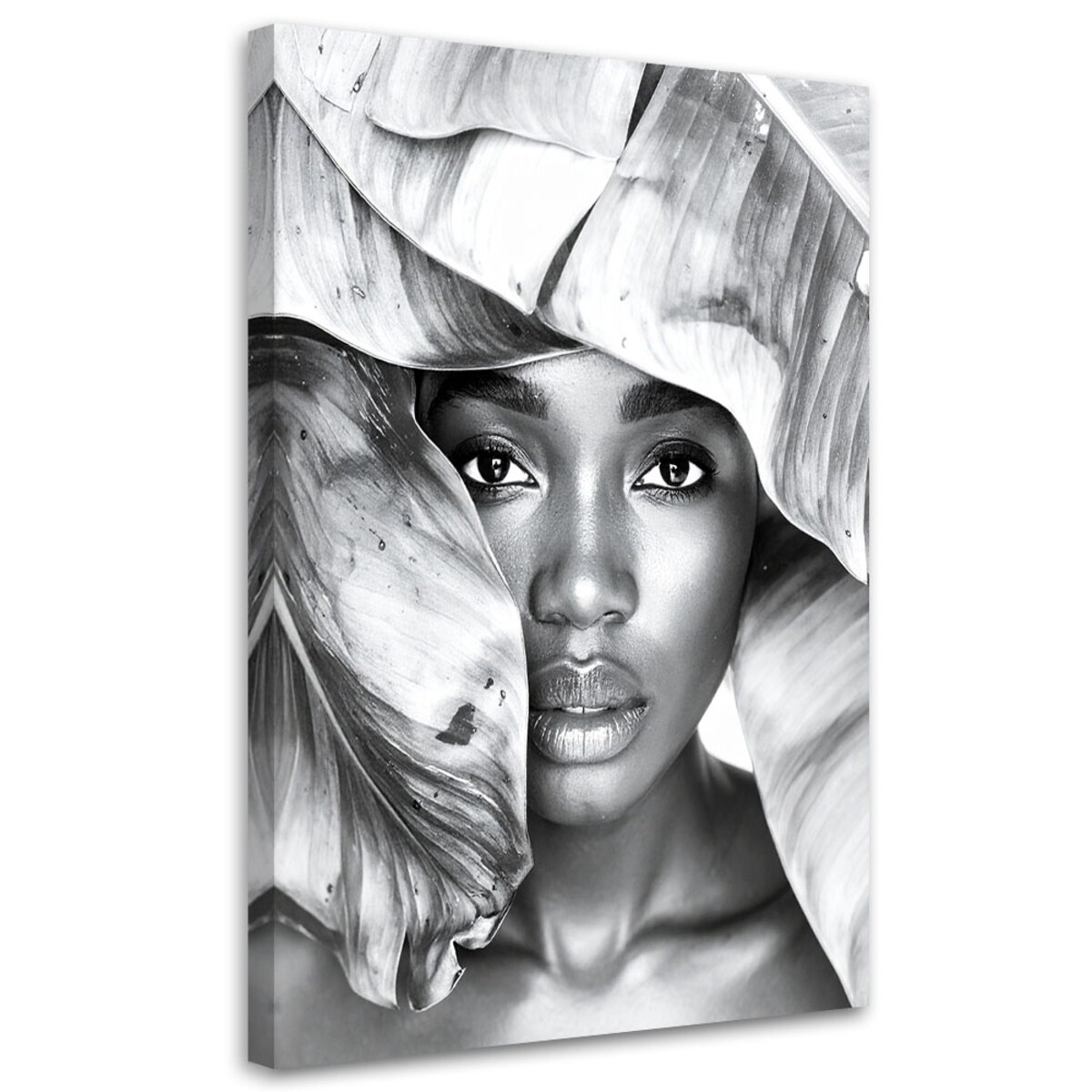 Obraz czarno biały do salonu sypialni, Portret Kobiety i srebrne liście 80x120