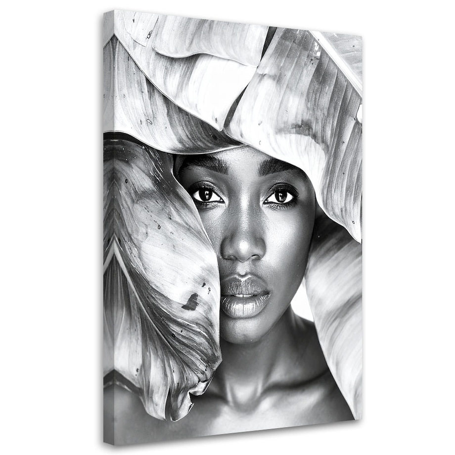 Obraz czarno biały do salonu sypialni, Portret Kobiety i srebrne liście 80x120