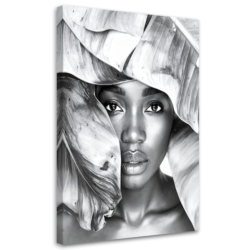 Obraz czarno biały do salonu sypialni, Portret Kobiety i srebrne liście 80x120