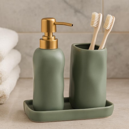 Komplet łazienkowy ze złotą pompką 400 ml 17x14x11 cm FLIKA zielony