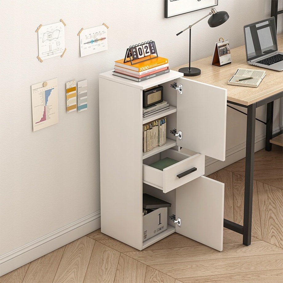 Regał biurowy z szufladą 2 półki szafka biała książki segregatory loft 85cm