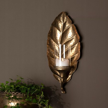 ŚWIECZNIK LAMPION WISZĄCY NA ŚCIANĘ DO SALONU LIŚĆ ZŁOTY szklany klosz 49cm