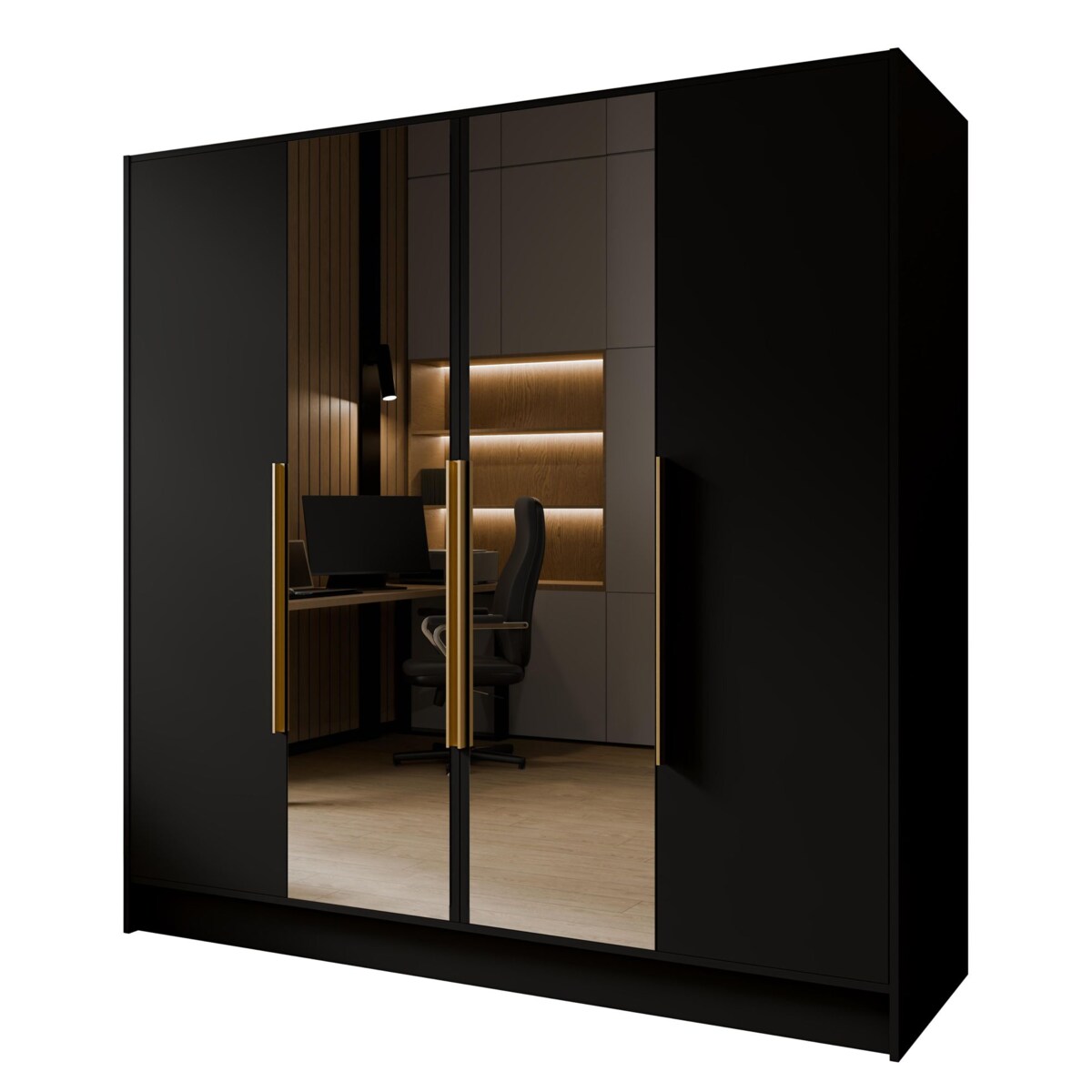 Szafa 200 gładka LUSO z lustrem i złotymi uchwytami, czarna