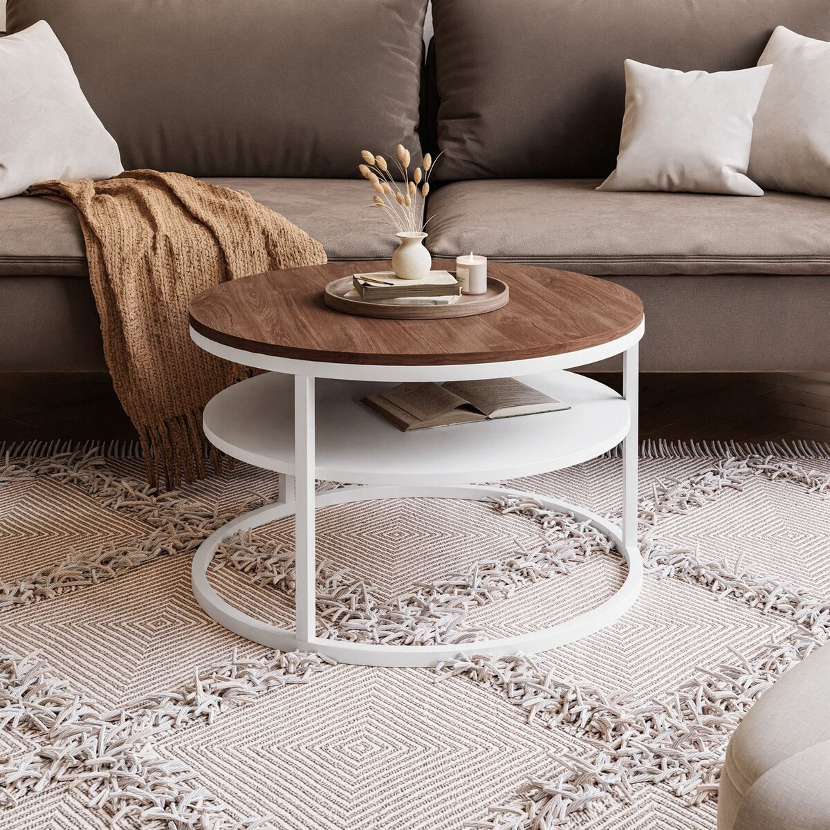 Stolik kawowy CIRI SLIM z półką biały dąb stirling