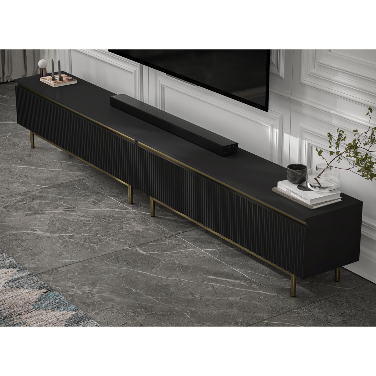 Nowoczesna Szafka RTV Glamour Komoda RTV Czarny Mat 280 cm złote akcenty