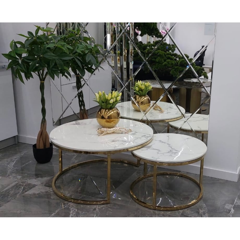 Zestaw złotych okrągłych stolików kawowych Premium Marco z kamiennym blatem marmurkowym 2 in 1