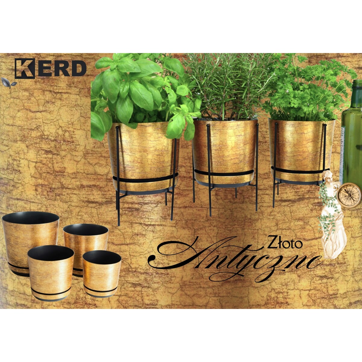 12 cm wzór ZŁOTO ANTYCZNE Doniczka z podstawką klasyczna elegancka rustykalna starożytna