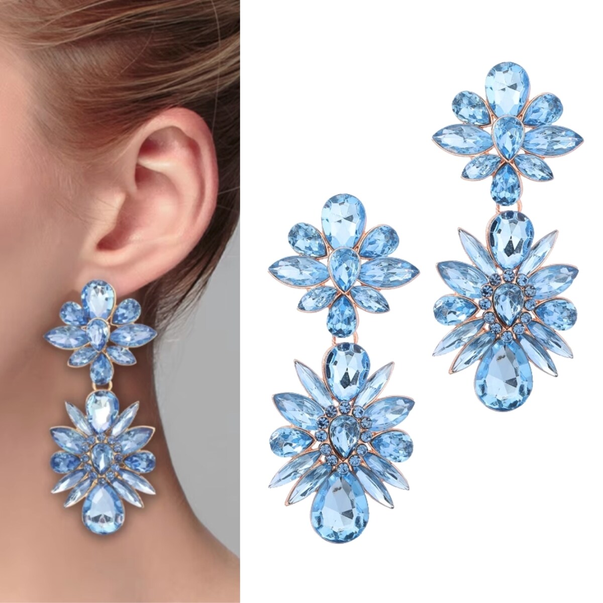 Kolczyki duże złote BABY BLUE niebieskie eleganckie cyrkonie z kryształami