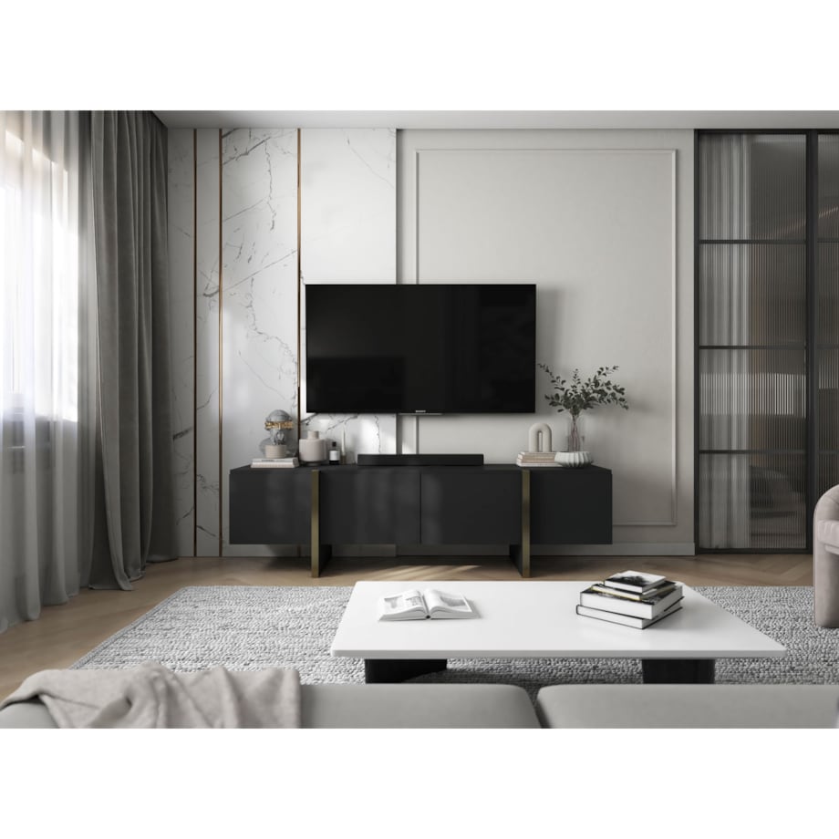 Szafka RTV Kenzo Nowoczesna Komoda RTV Glamour Czarny Mat 180 cm