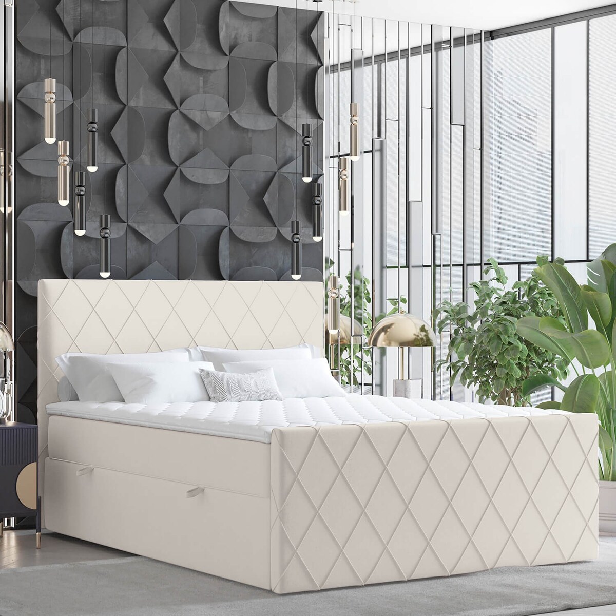 Łóżko kontynentalne PLATINE 140x200 z pojemnikiem, Jasny Beż, tkanina Magic Velvet 2201