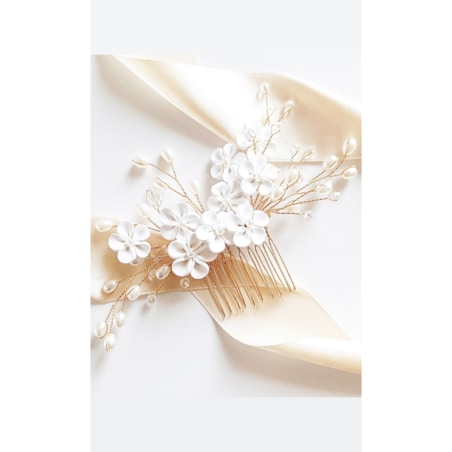 Pozłacany grzebień do ślubnego uczesania z kwiatami