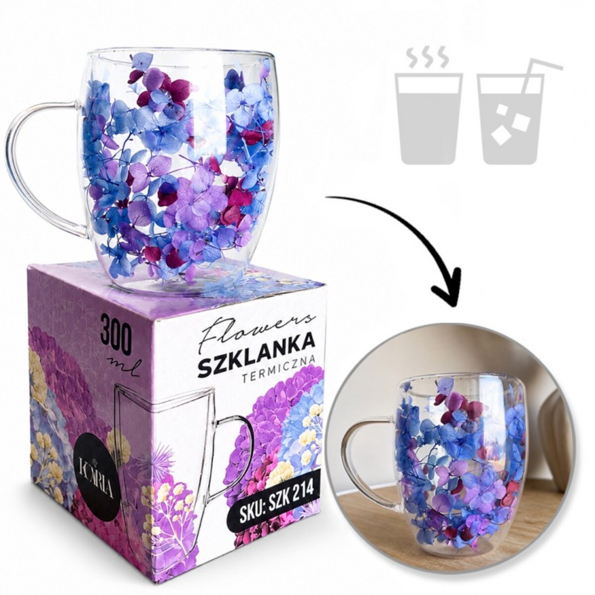 Szklanka termiczna z kwiatami w środku 300ml 1szt, pełna hortensji, niebieski bordo SZK214