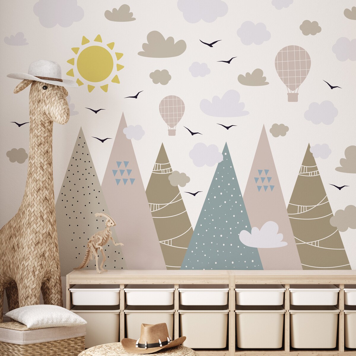NAKLEJKI ŚCIENNE DLA DZIECI GÓRY CHMURKI PTAKI BALONY STYL BOHO ZESTAW