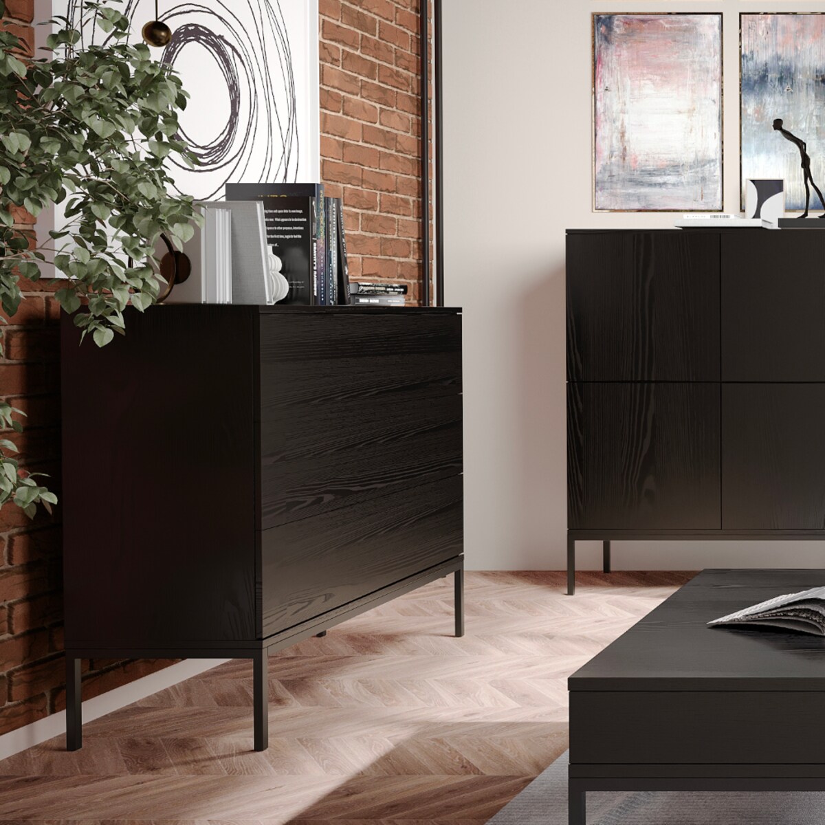 Komoda Wąska Industrialna na metalowych nóżkach, czarna