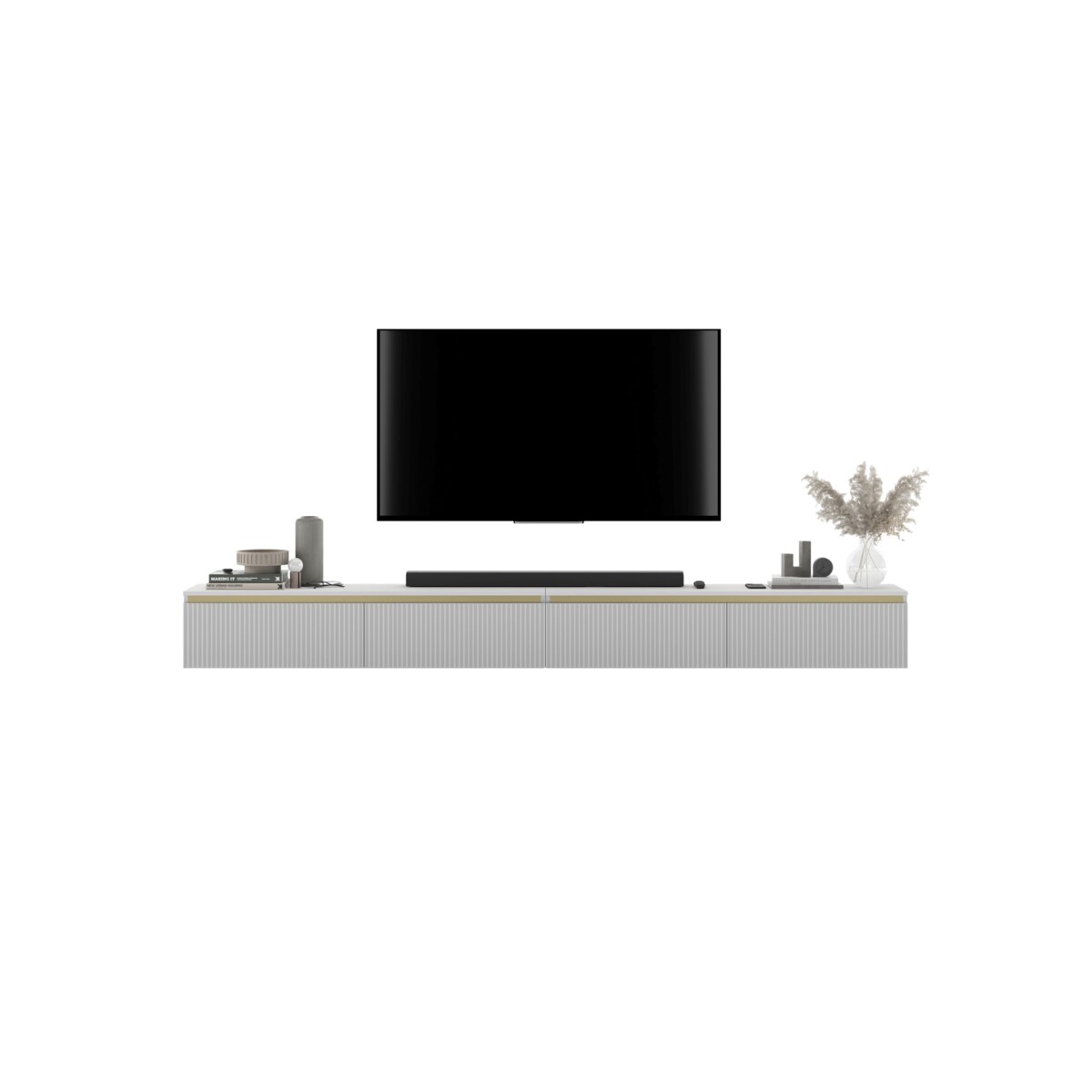 Wisząca Szafka RTV Glamour Komoda RTV Biały Mat 280 cm ryflowane fronty