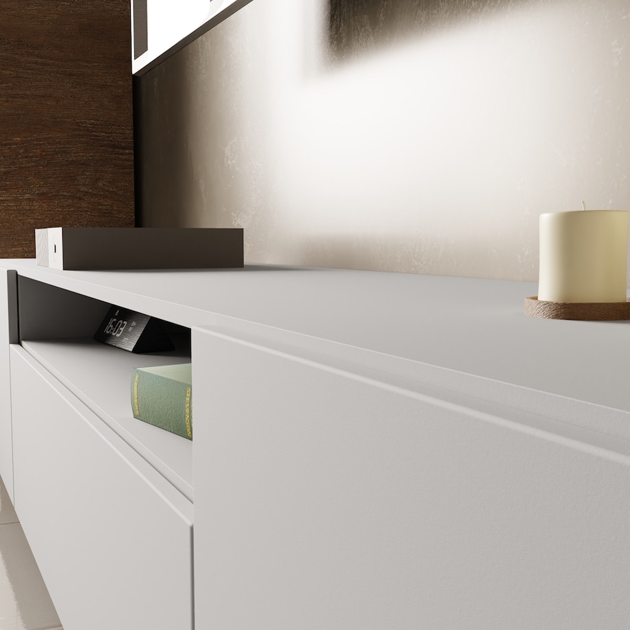 Szafka RTV LION 200cm wisząca, do pokoju gościnnego, proste fronty- biała