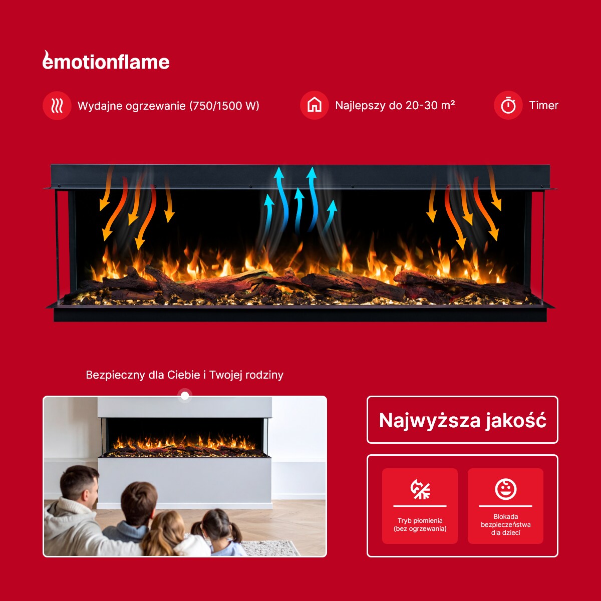 Kominek elektryczny à 3 côtés Emotion Flame Solis 90 - do zabudowy - 90x30x46 cm - kominek LED - funkcja grzania 750/1500 W