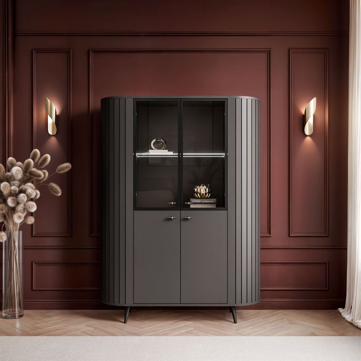 Witryna ELODIE II z oświetleniem LED, czarny / nóżki i uchwyty czarne