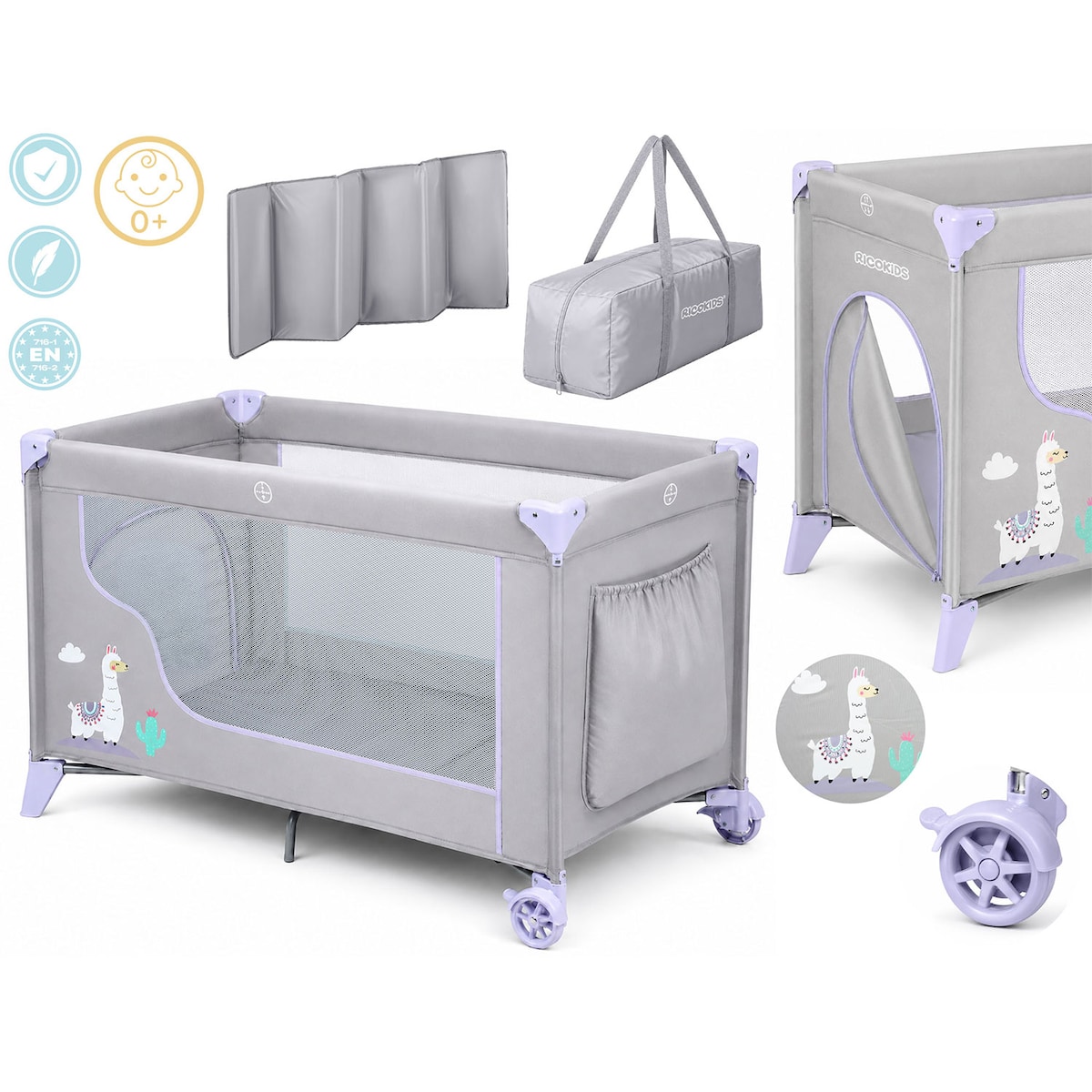 Łóżeczko turystyczne dla dziecka składane podróżne kojec Ricokids + materac + torba