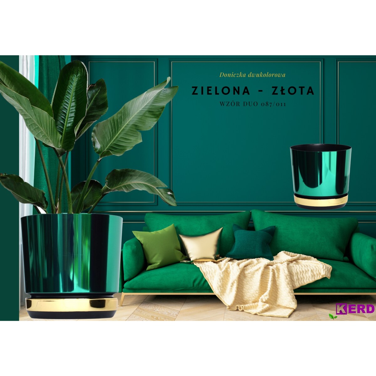 16 cm wzór ZIELONY BŁYSZCZĄCY Doniczka z podstawką nowoczesna glamour wysoki połysk metaliczny idealna do monstera orchidea