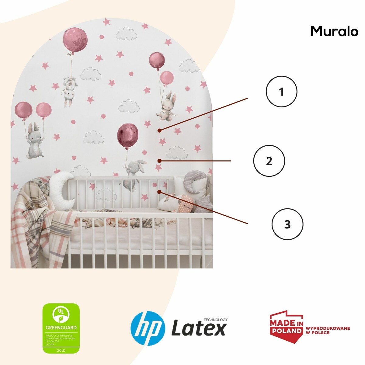 Naklejki Ścienne Dla Dzieci Króliczki Różowe Balony Chmurki Kropki ZESTAW 120x60cm