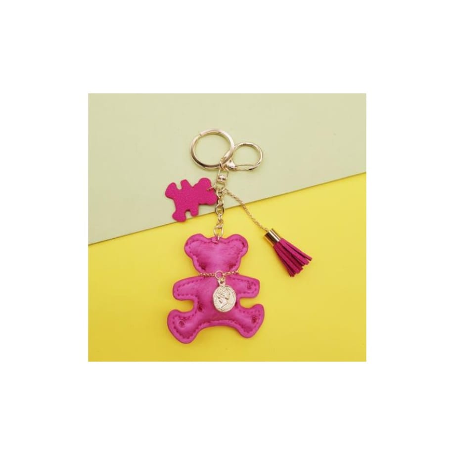 Brelok do kluczy skórzany MIŚ fuksja, frędzle BRL357