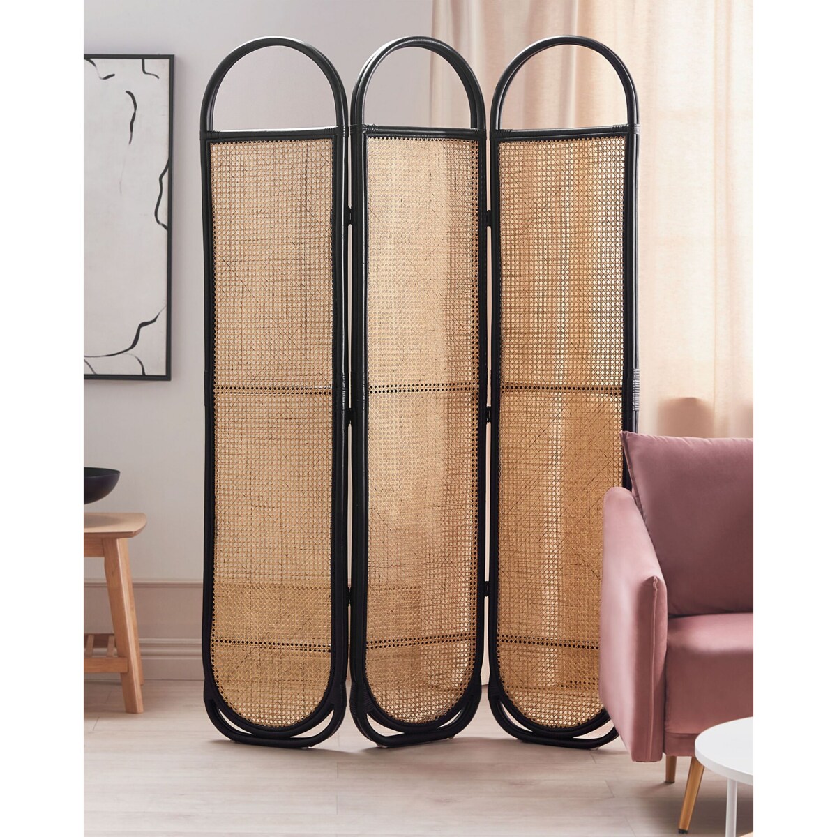 3-panelowy składany parawan pokojowy rattanowy 118 x 180 cm naturaly z czarnym CORTONA