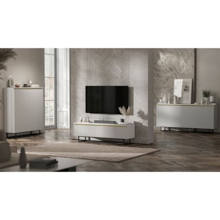 Komoda Glamour Szafka RTV Biały MAT ryflowane fronty czarny stelaż 110,8 cm