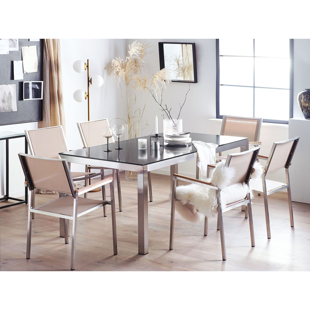 Zestaw ogrodowy stół granitowy czarny i 6 krzeseł beżowych GROSSETO