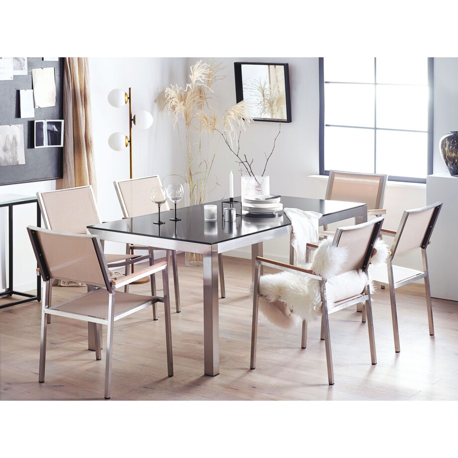 Zestaw ogrodowy stół granitowy czarny i 6 krzeseł beżowych GROSSETO